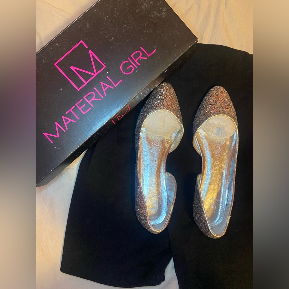 Material Girl Black and Silver Flats Sparkly Loafers